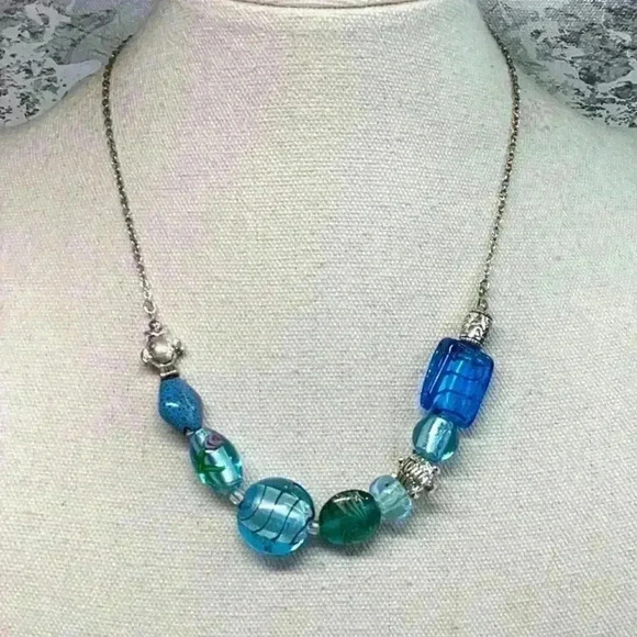SAQ Blue Green Foil Glass Necklace with Silver Turtle and Fish - Picture 1 of 4